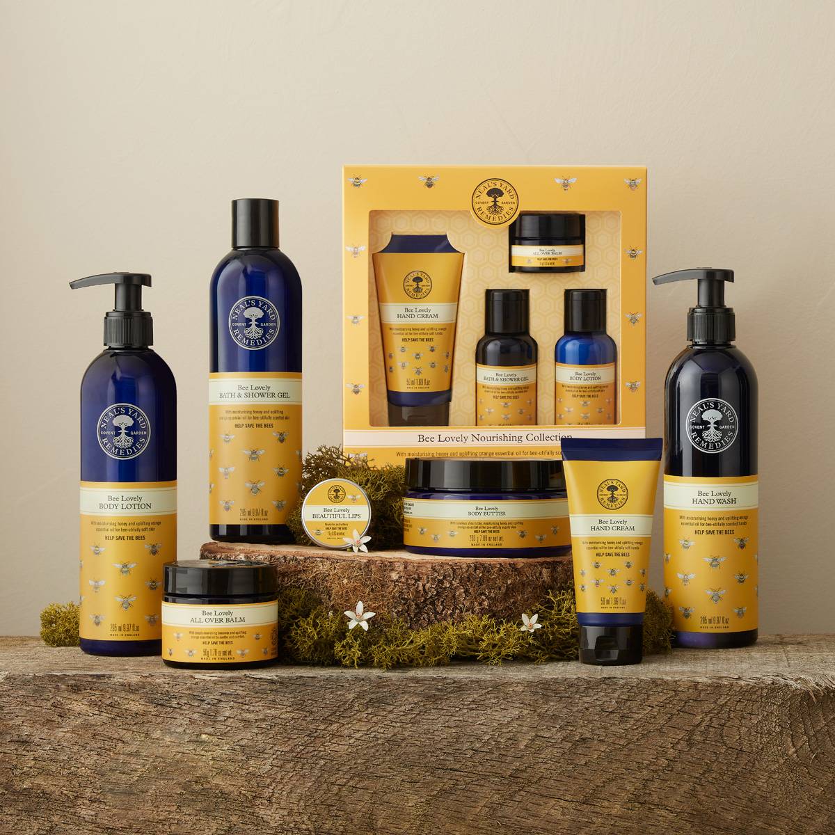 Picture of our 'Bee Lovely' range of products supporting our continued efforts to save the bees including the very rare shrill carder bumblebee - Neal's Yard Remedies